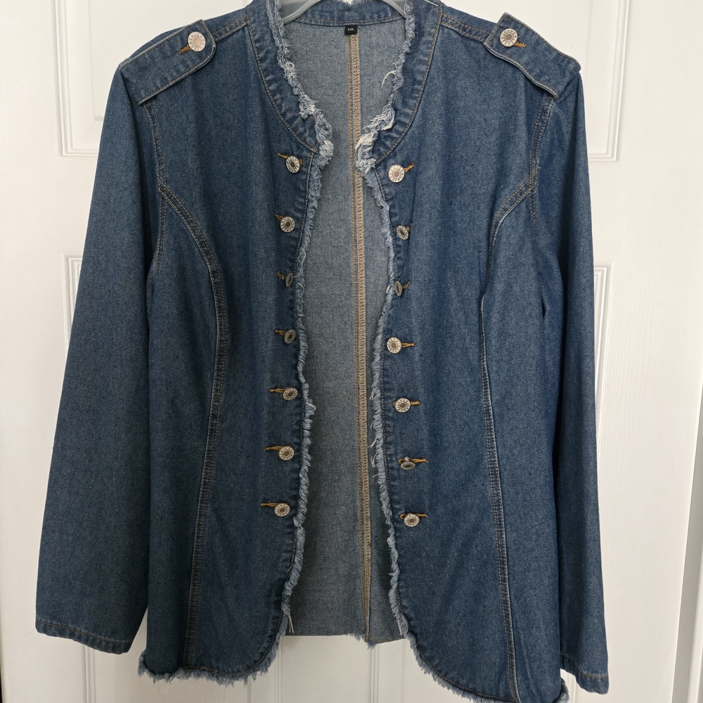 Frayed-Edge Blue Denim Military-Inspired Jean Jacket